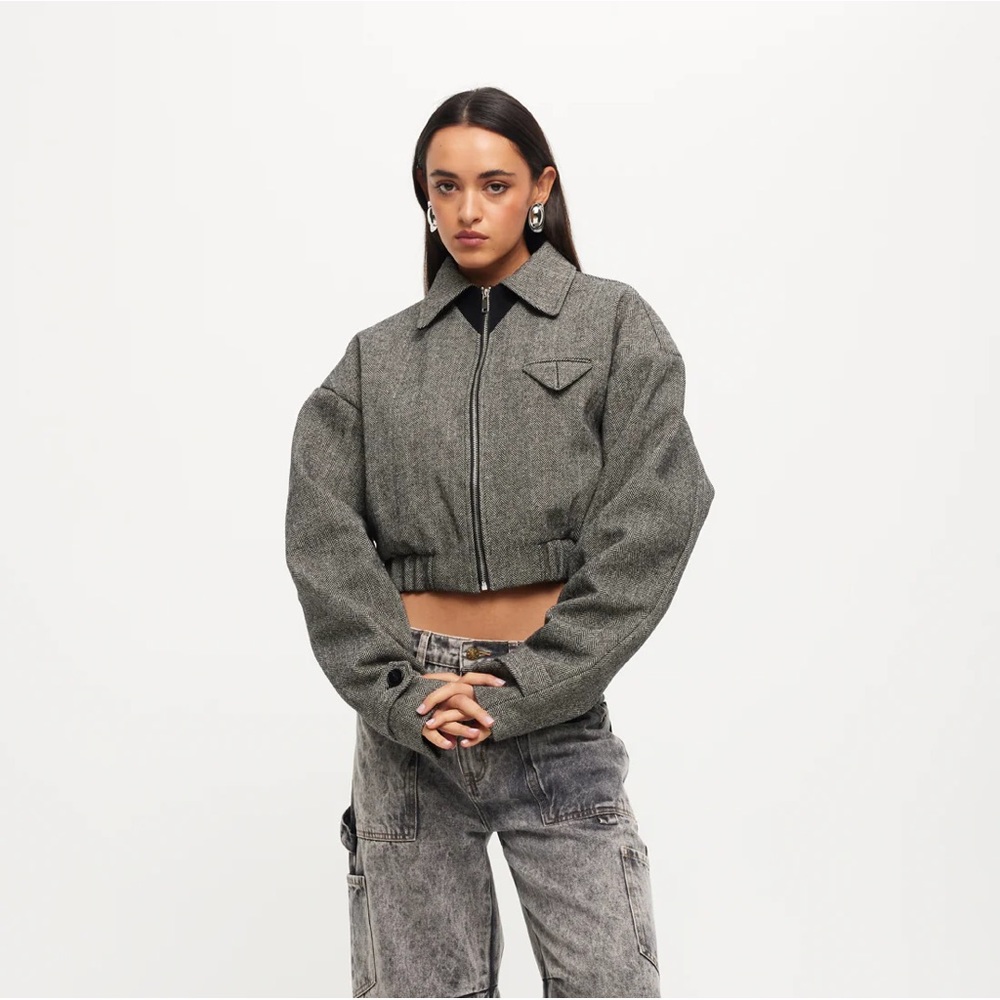 Lioness Grey Cropped Zip Front Jacket